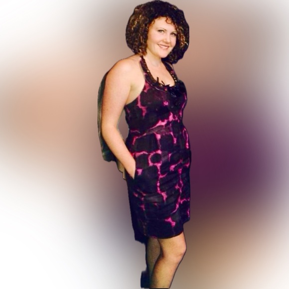 J. CREW PINK BLACK ABSTRACT PRINT LINEN DRESS RAFFIA RIBBON GOLD STUDS size 10 - Picture 2 of 5